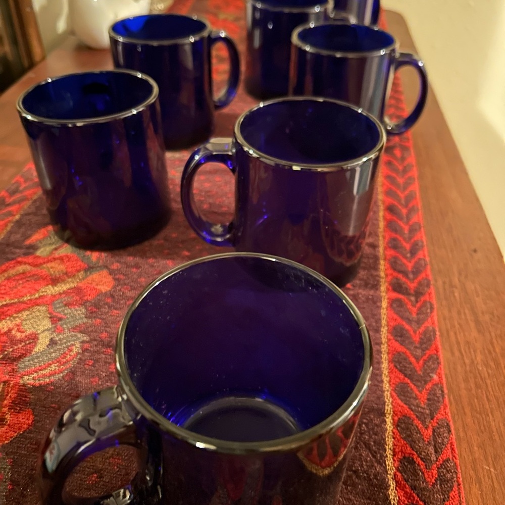 Elegant Vintage Libby Blue Glass Coffee Mugs Set